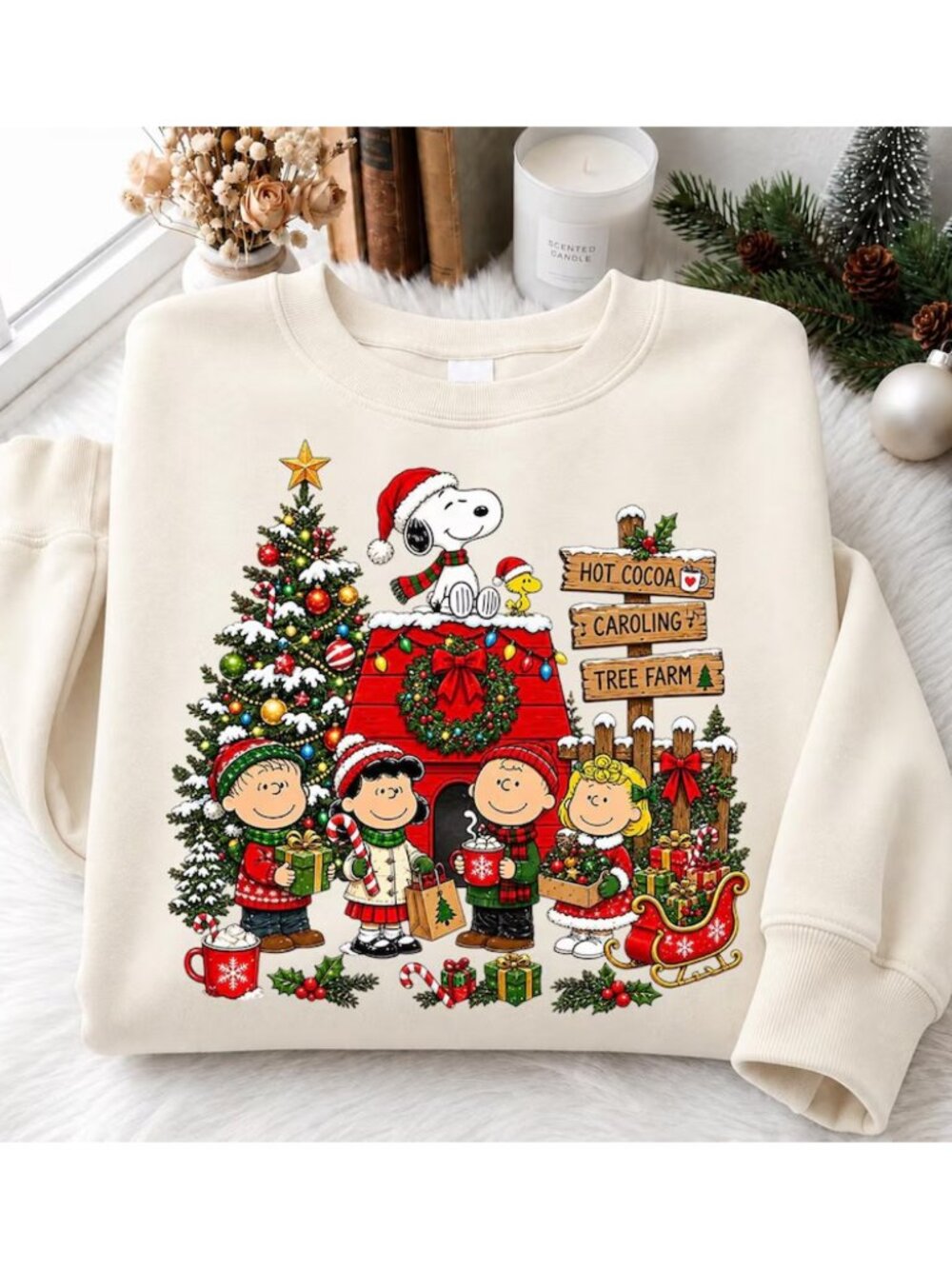 Beige Peanuts Snoopy Christmas Tree Farm Holiday Graphic Sweatshirt For Fans